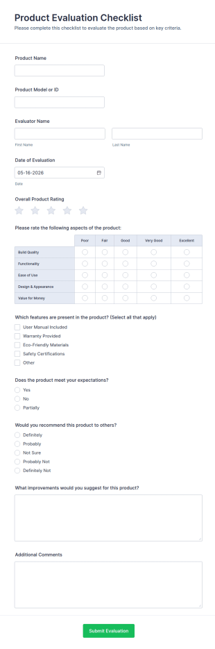 Product Evaluation Checklist Form Template