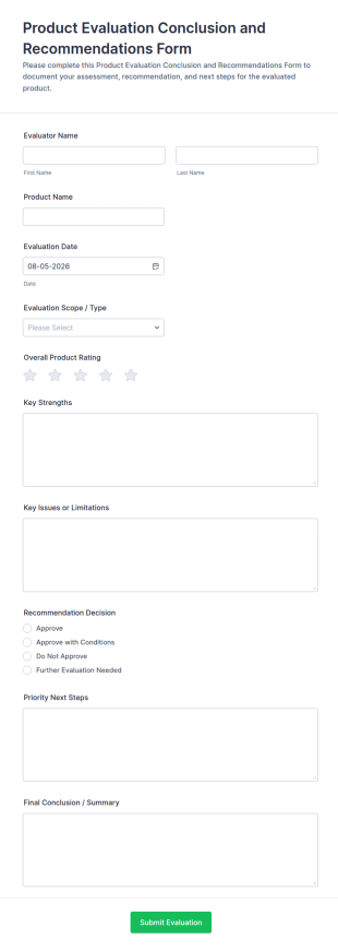 Product Evaluation Conclusion And Recommendations Form Template