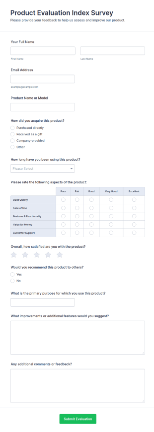 Product Evaluation Index Survey Form Template