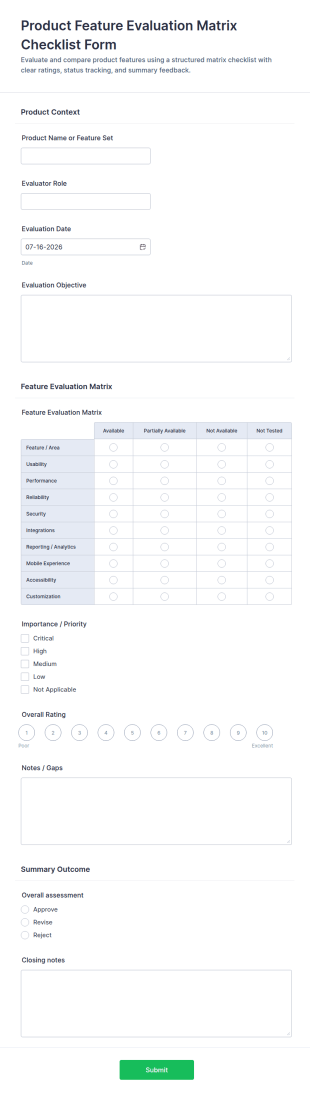 Product Feature Evaluation Matrix Checklist Form Template