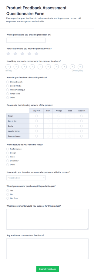 Product Feedback Assessment Questionnaire Form Template