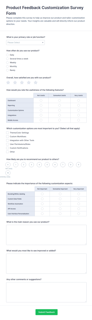 Product Feedback Customization Survey Form Template