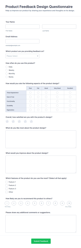 Product Feedback Design Questionnaire Form Template