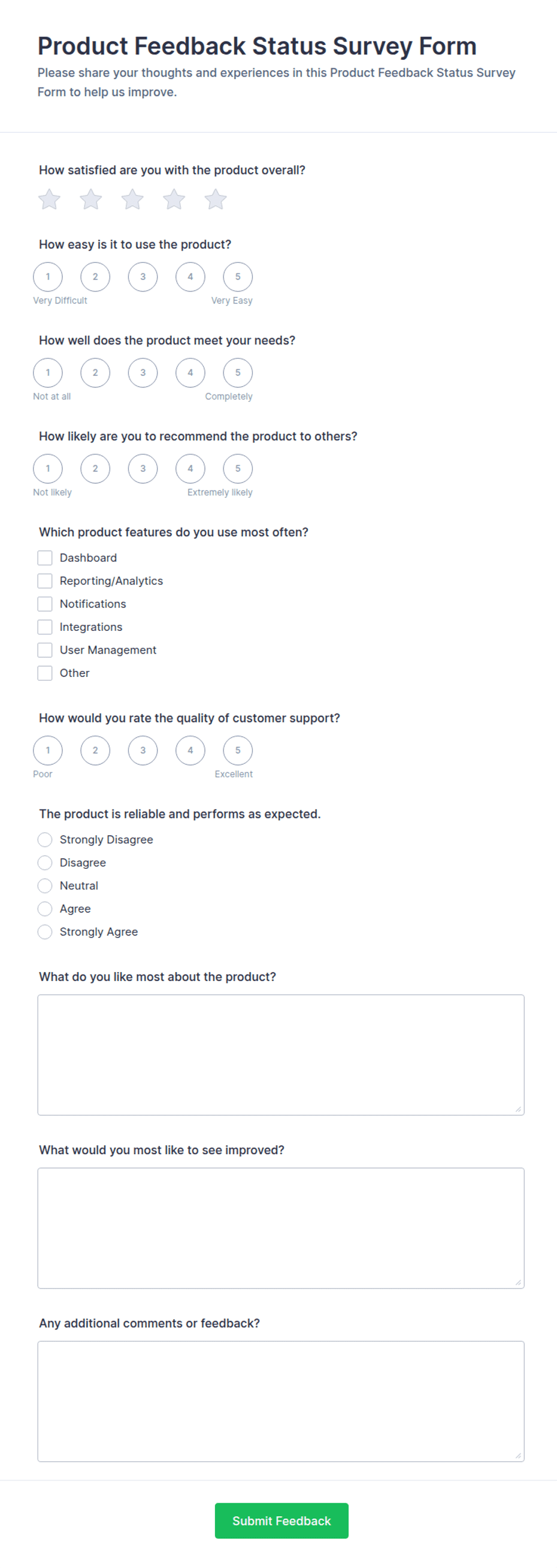 Product Feedback Status Survey Form Template | Jotform