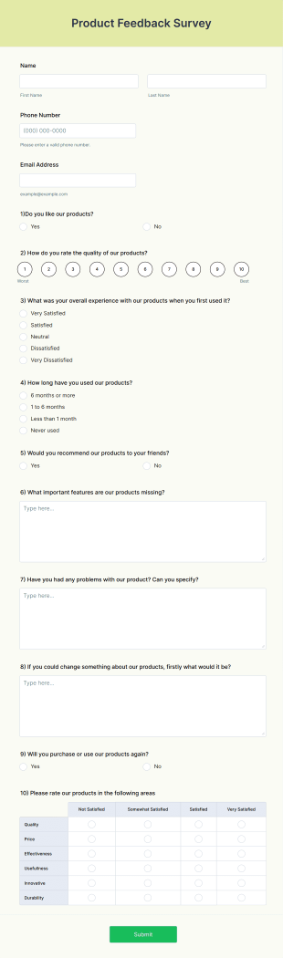 Product Feedback Survey Form Template