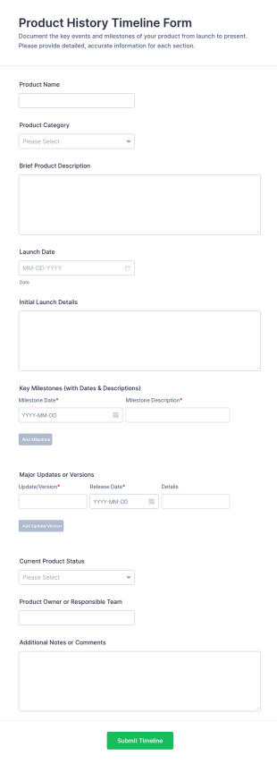 Product History Timeline Form Template