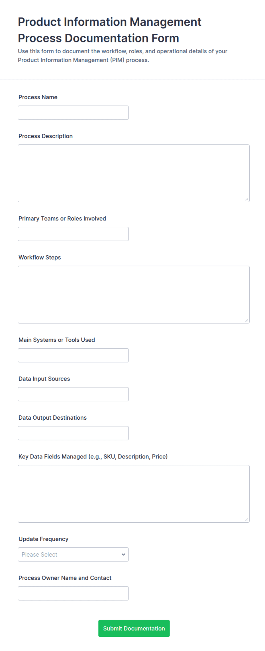 Product Information Management Process Documentation Form Template ...