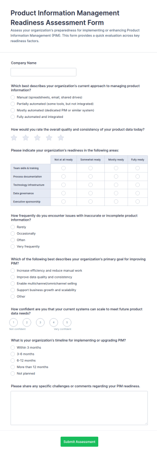 Product Information Management Readiness Assessment Form Template