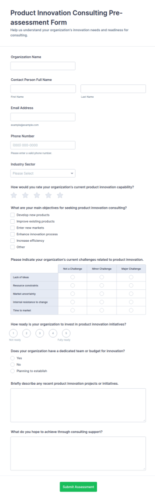 Product Innovation Consulting Pre Assessment Form Template