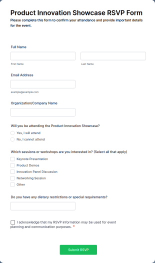 Product Innovation Showcase RSVP Form Template