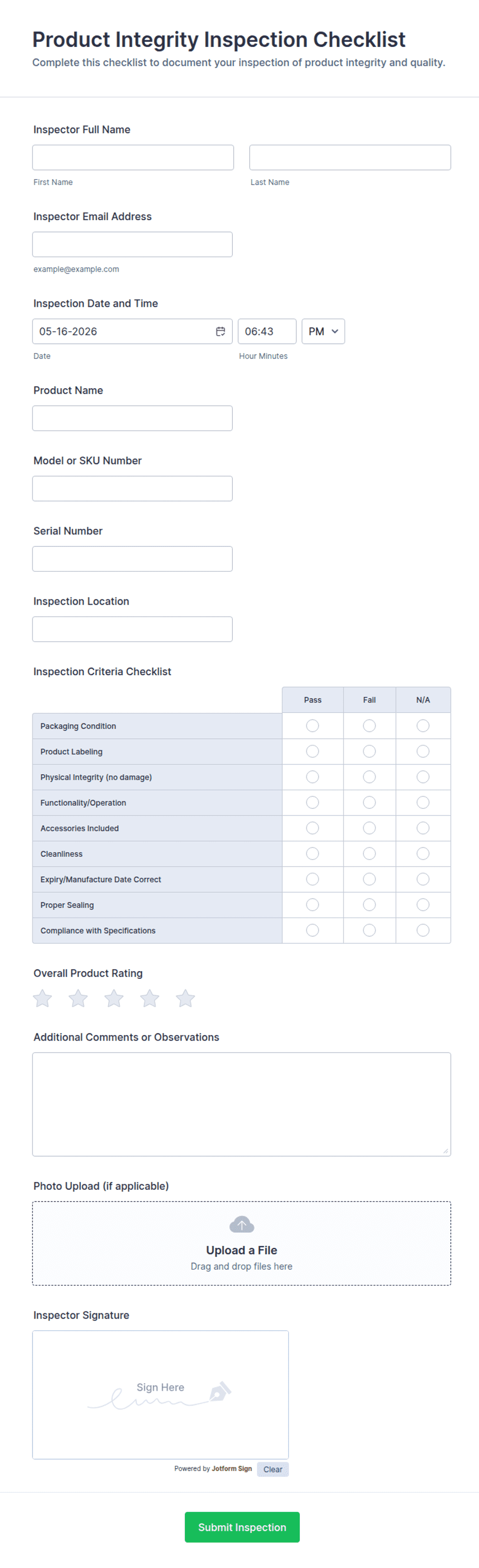 Product Integrity Inspection Checklist Form Template | Jotform