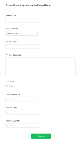Product Inventory Information Record Form Template
