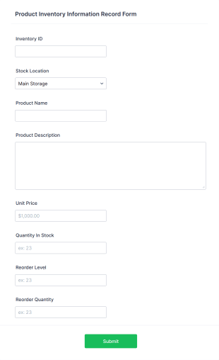 Product Inventory Information Record Form Template