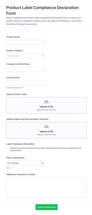 Product Label Compliance Declaration Form Template
