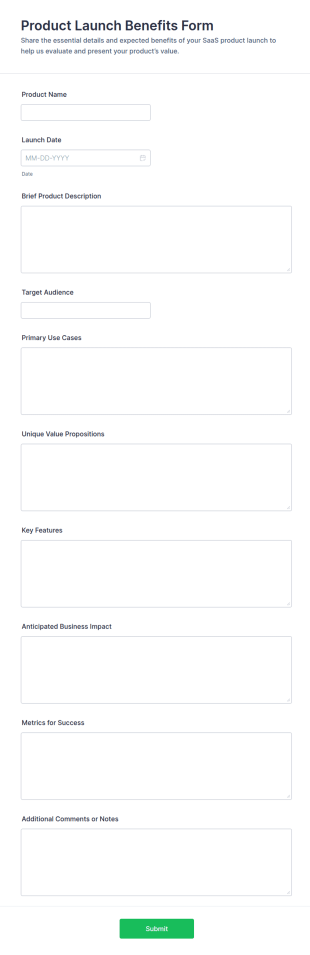 Product Launch Benefits Form Template