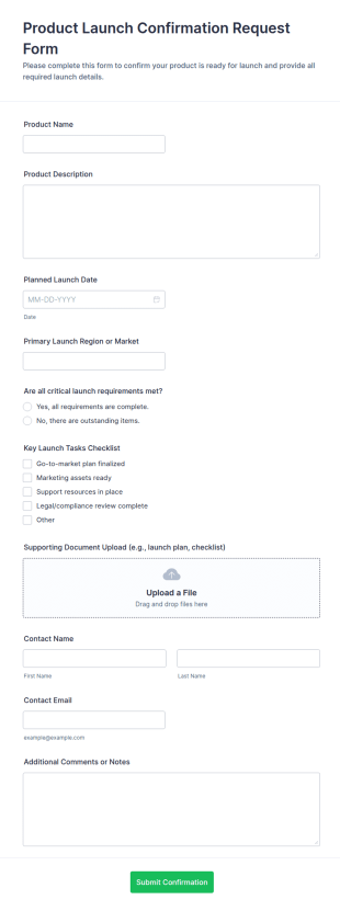 Product Launch Confirmation Request Form Template