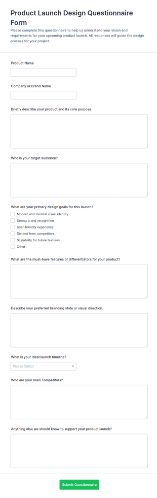 Product Launch Design Questionnaire Form Template