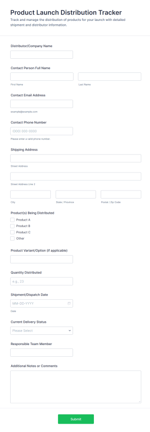 Product Launch Distribution Tracker Form Template