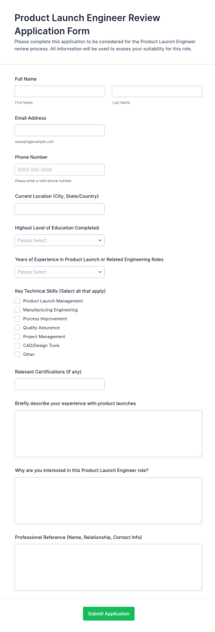 Product Launch Engineer Review Application Form Template