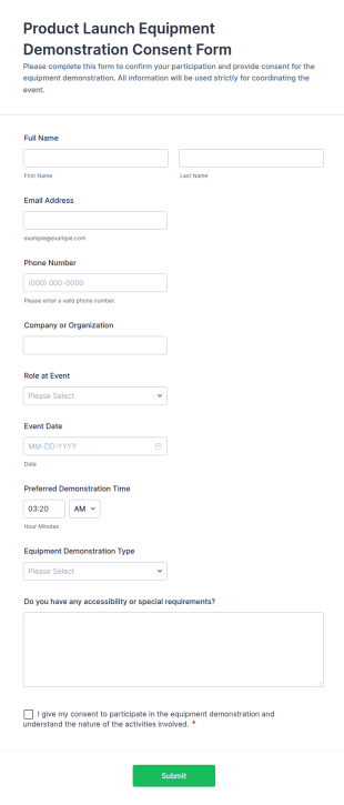 Product Launch Equipment Demonstration Consent Form Template