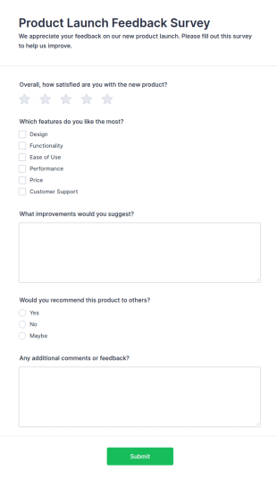 Product Launch Feedback Survey Form Template