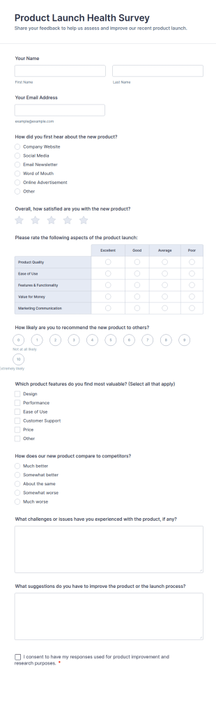 Product Launch Health Survey Form Template
