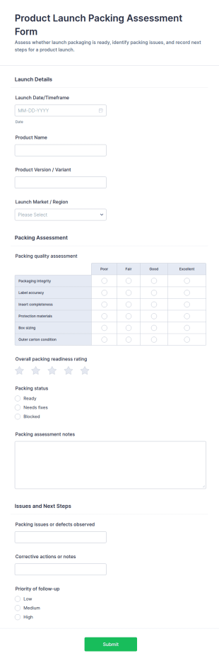 Product Launch Packing Assessment Form Template