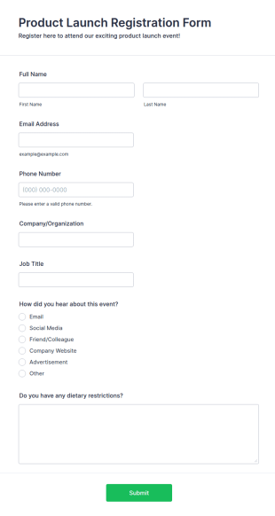 Product Launch Registration Form Template