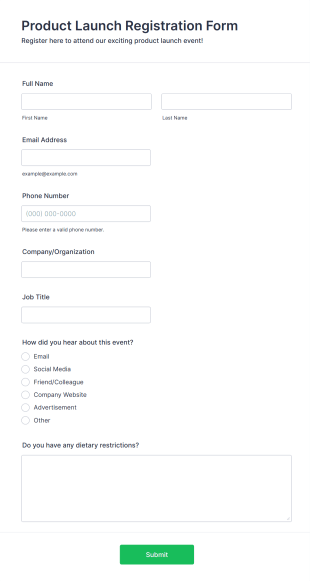 Product Launch Registration Form Form Template