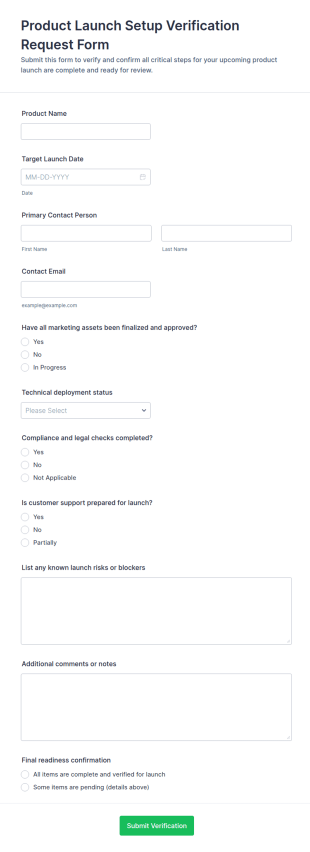 Product Launch Setup Verification Request Form Template