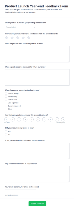 Product Launch Year End Feedback Form Template