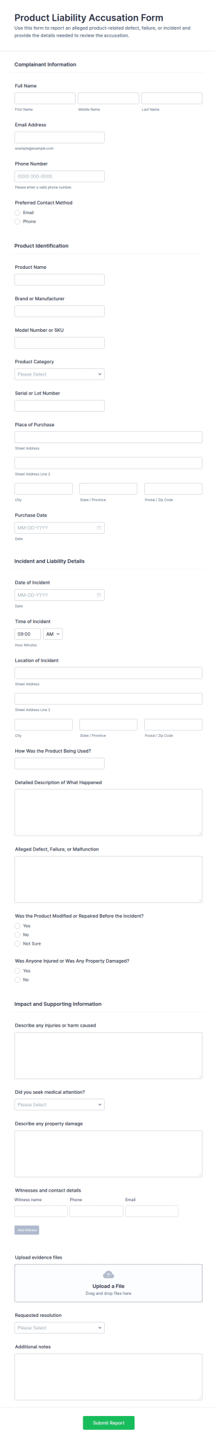 Product Liability Accusation Form Template
