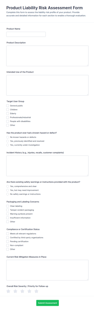 Product Liability Risk Assessment Form Template