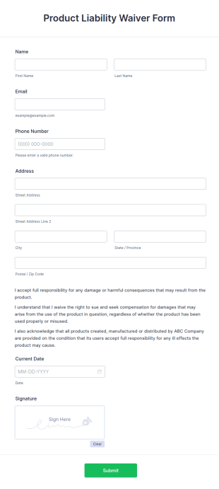 Product Liability Waiver Form Template