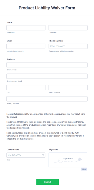 Product Liability Waiver Form Template