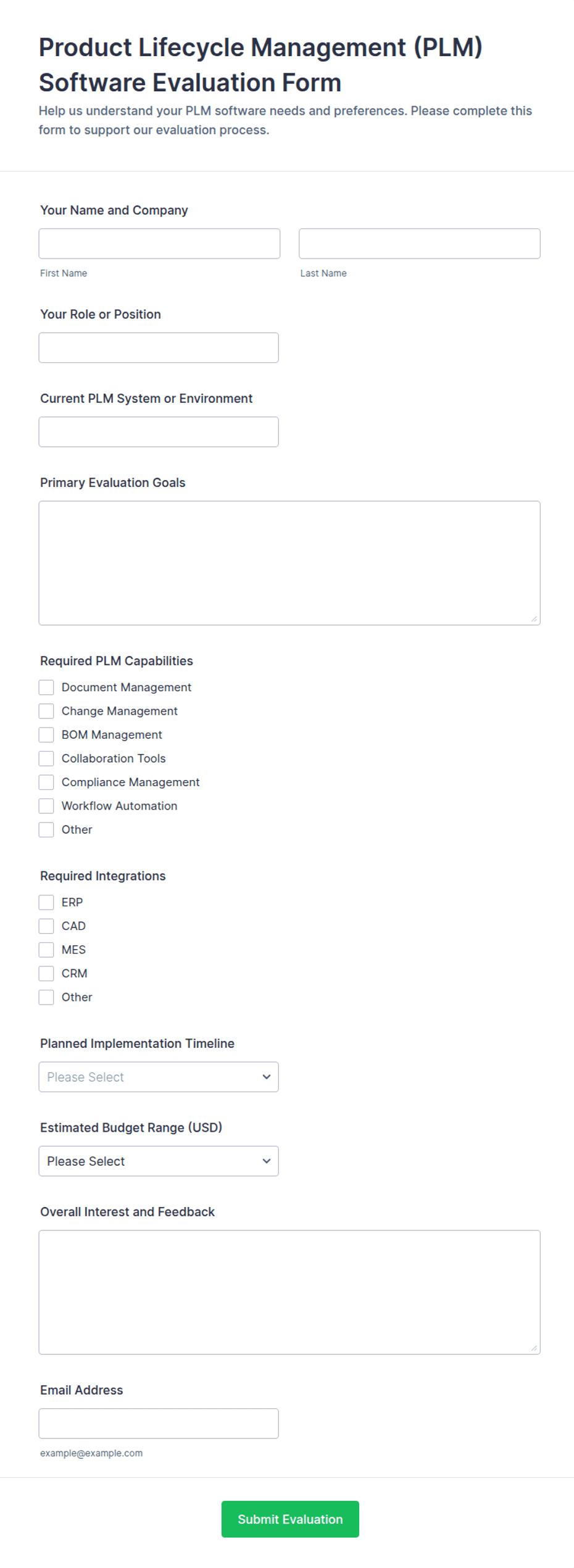 Product Lifecycle Management (PLM) Software Evaluation Form Template ...