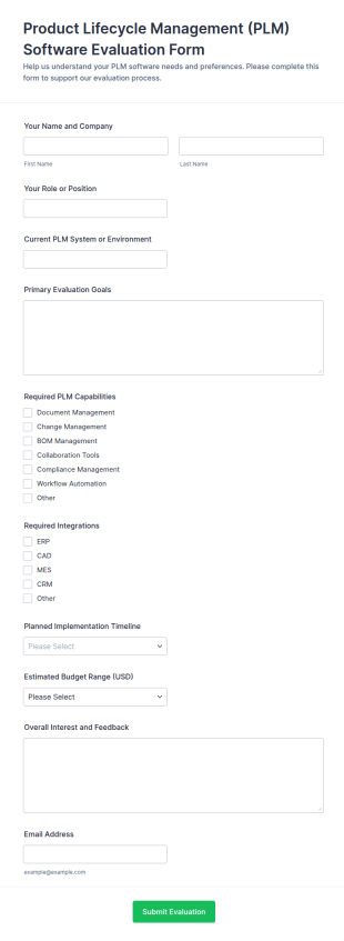 Product Lifecycle Management (PLM) Software Evaluation Form Template