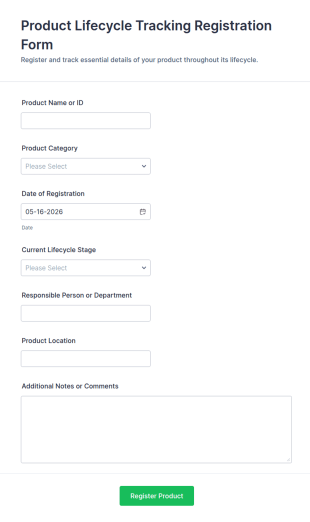 Product Lifecycle Tracking Registration Form Template