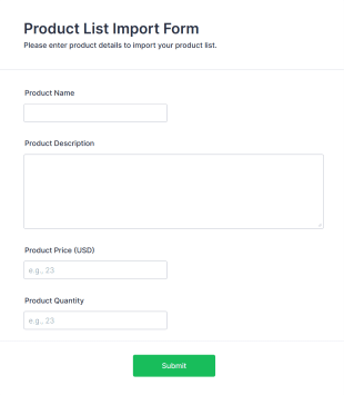 Product List Import Form Template