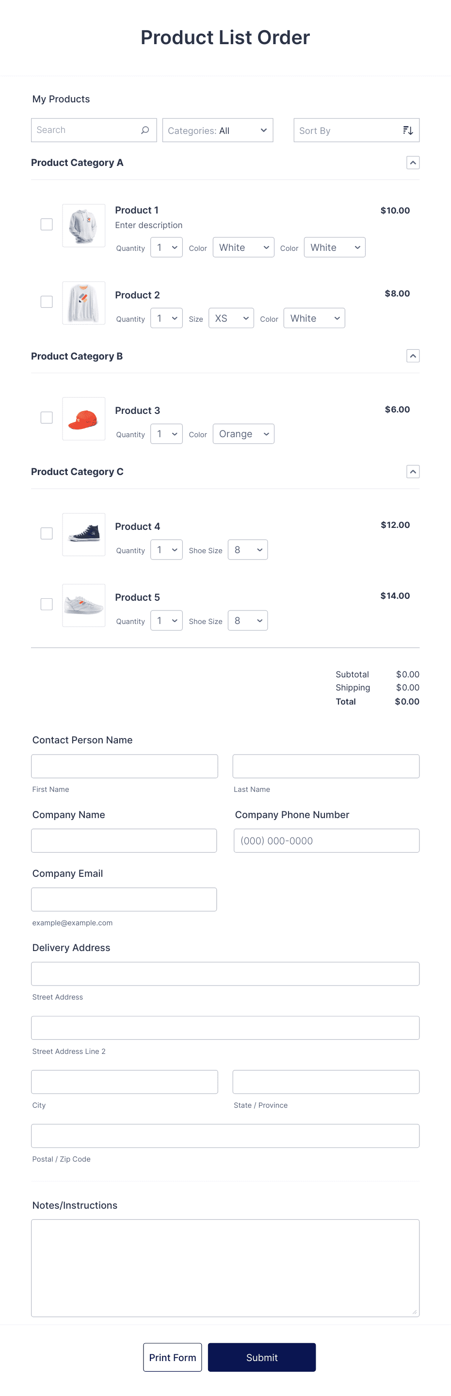 Product List Order Template Form Template | Jotform