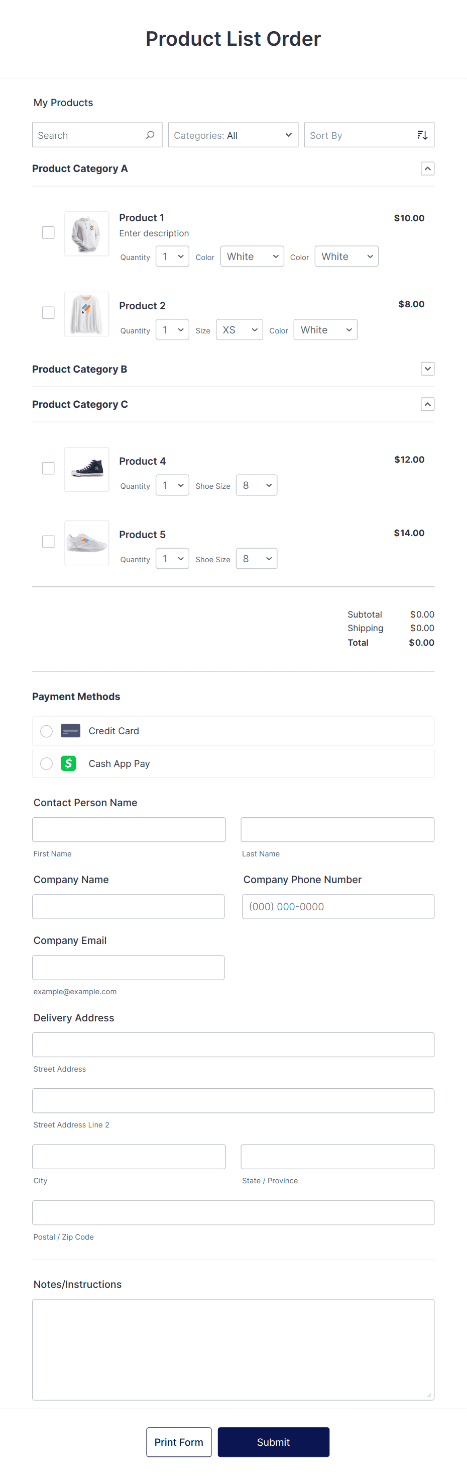 Product List Order Template Form Template | Jotform
