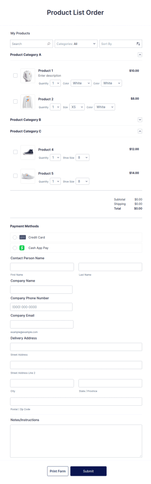 Product List Order Template
