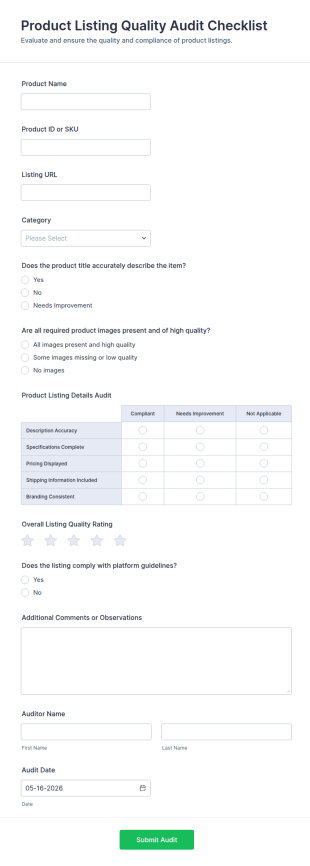 Product Listing Quality Audit Checklist Form Template
