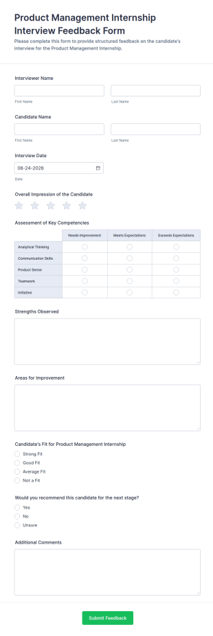 Product Management Internship Interview Feedback Form Template