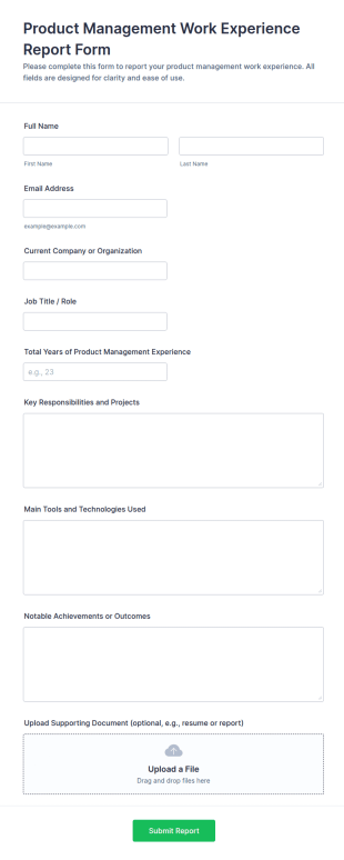 Product Management Work Experience Report Form Template