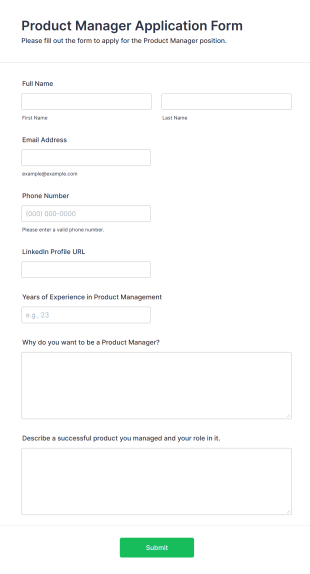Product Manager Application Form Form Template