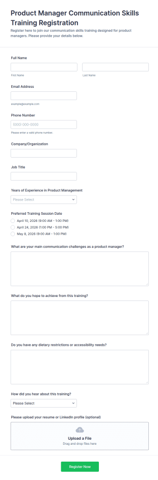 Product Manager Communication Skills Training Registration Form Template