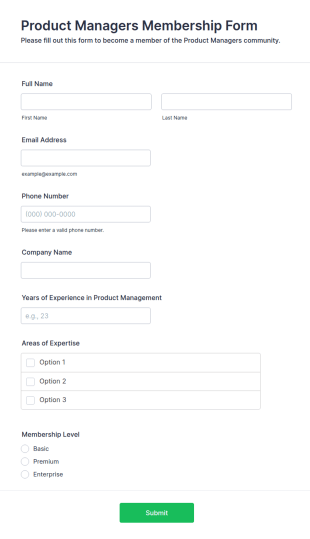 Product Managers Membership Form Template