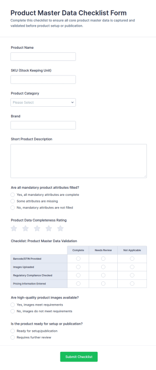 Product Master Data Checklist Form Template
