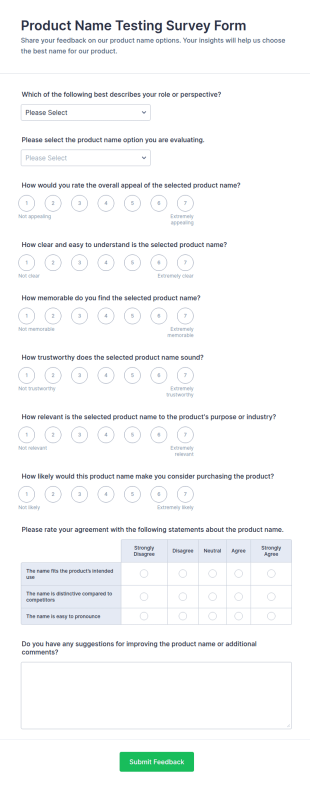 Product Name Testing Survey Form Template